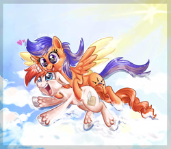 Size: 1927x1675 | Tagged: safe, artist:avui, imported from derpibooru, oc, oc only, oc:unknown, unnamed oc, earth pony, pegasus, pony, couple, flying