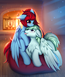 Size: 1080x1280 | Tagged: safe, artist:shoggoth-tan, imported from derpibooru, oc, oc only, pegasus, pony, beanbag chair, blushing, chest fluff, cuddling, cute, duo, ear fluff, female, fire, fireplace, floppy ears, fluffy, male, mare, stallion, tongue out, wings