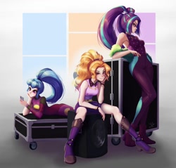 Size: 1024x979 | Tagged: safe, artist:the-park, imported from derpibooru, adagio dazzle, aria blaze, sonata dusk, human, equestria girls, equestria girls series, sunset's backstage pass!, spoiler:eqg series (season 2), armpits, bodysuit, cellphone, clothes, featured image, female, human coloration, humanized, phone, pigtails, ponytail, sexy, simple background, smartphone, smiling, the dazzlings, trio, twintails