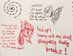 Size: 2789x2151 | Tagged: safe, artist:kopaleo, imported from derpibooru, rainbow dash, oc, oc:cosmia nebula, angry, drawing, sad, sketchy, song reference, spiral, text, traditional art, vulgar