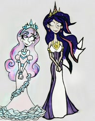 Size: 2006x2540 | Tagged: safe, artist:citi, imported from derpibooru, princess flurry heart, twilight sparkle, alicorn, human, the last problem, aunt and niece, big crown thingy 2.0, ethereal hair, eye clipping through hair, eyebrows, eyebrows visible through hair, human princess twilight, humanized, older, older flurry heart, older twilight, princess twilight 2.0, skinny, starry hair, traditional art, twilight sparkle (alicorn)