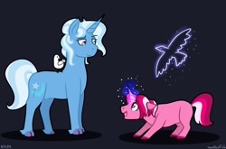 Size: 1280x845 | Tagged: safe, artist:quincydragon, imported from derpibooru, trixie, oc, oc:berry burst, bird, dove, blank flank, cloven hooves, colt, glowing horn, horn, magic, magical lesbian spawn, male, next generation, offspring, parent:tempest shadow, parent:twilight sparkle, parents:tempestlight