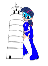 Size: 5100x7000 | Tagged: safe, artist:son-of-the-paladin, imported from derpibooru, twilight sparkle, human, equestria girls, boots, female, giantess, human coloration, leaning tower of pisa, macro, magic gaia, shoes, simple background, superhero, thigh boots, transparent background