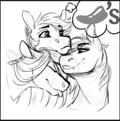 Size: 744x752 | Tagged: safe, artist:silentwulv, artist:silentwulv06, imported from derpibooru, oc, oc only, pony, chili's, grayscale, monochrome, sketch, tongue out, trio