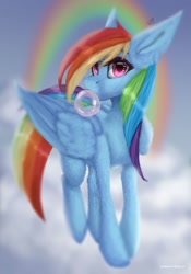 Size: 1280x1828 | Tagged: safe, artist:constanta-bucharei, imported from derpibooru, rainbow dash, pegasus, pony, big ears, bubblegum, cloud, female, folded wings, food, gum, looking at you, mare, on a cloud, rainbow, solo, wings