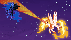 Size: 10628x5974 | Tagged: safe, artist:tsabak, imported from derpibooru, daybreaker, nightmare moon, pony, absurd resolution, blast, flying, magic, magic blast, night, vector