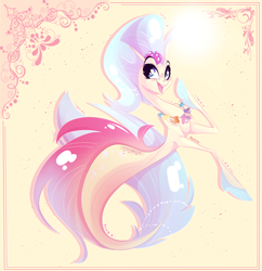 Size: 1998x2064 | Tagged: safe, artist:marbola, imported from derpibooru, princess skystar, seapony (g4), bioluminescent, blue eyes, curvy, cute, female, fins, fish tail, flower, flower in hair, freckles, open mouth, seashell necklace, signature, simple background, skyabetes, smiling, solo