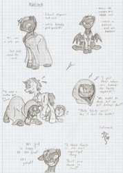 Size: 1016x1429 | Tagged: safe, artist:ravenpuff, imported from derpibooru, oc, oc only, oc:flower basket, oc:nightshade, ghoul, pegasus, pony, undead, fallout equestria, broken teeth, bust, cloak, clothes, frown, graph paper, grayscale, grin, hat, insanity, monochrome, pegasus oc, pipbuck, scared, sitting, smiling, traditional art, wings