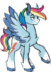 Size: 1093x1532 | Tagged: safe, artist:trinoids, imported from derpibooru, rainbow dash, pegasus, pony, chest fluff, cloven hooves, coat markings, colored hooves, colored wings, ear fluff, female, mare, raised hoof, simple background, smiling, smirk, socks (coat marking), socks (coat markings), solo, spread wings, transparent background, unshorn fetlocks, wings