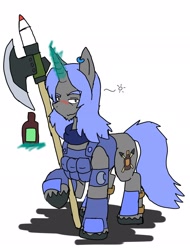 Size: 1558x2048 | Tagged: safe, artist:omegapony16, imported from derpibooru, oc, oc only, oc:oriponi, pony, unicorn, axe, battle axe, beer bottle, blushing, drunk, glowing horn, horn, magic, male, simple background, soldier, solo, stallion, telekinesis, unicorn oc, unshorn fetlocks, weapon, white background