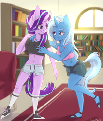 Size: 1700x2000 | Tagged: safe, artist:silbersternenlicht, imported from derpibooru, starlight glimmer, trixie, anthro, plantigrade anthro, pony, unicorn, armpits, belly button, blue fur, book, bra, chair, clothes, denim shorts, duo, duo female, female, gym shorts, happy, indoors, lesbian, library, long socks, midriff, multicolored mane, multicolored tail, pink fur, purple eyes, sandals, shiny fur, shipping, shoes, short pants, short shirt, shorts, smiling, sneakers, socks, sports bra, startrix, tomboy, watermark