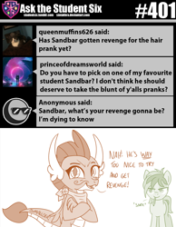 Size: 800x1032 | Tagged: safe, artist:sintakhra, imported from derpibooru, sandbar, smolder, dragon, pony, tumblr:studentsix, bandana, face doodle, mouth hold, pencil, this will end in fire