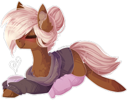 Size: 2090x1640 | Tagged: safe, artist:mcwolfity, imported from derpibooru, oc, oc only, earth pony, pony, blushing, chest fluff, clothes, coffee, cup, earth pony oc, eyes closed, hair bun, hair over one eye, mug, outline, prone, simple background, solo, transparent background