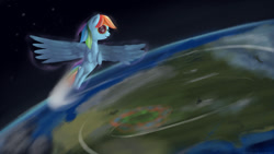 Size: 1280x720 | Tagged: safe, artist:taggerung, imported from derpibooru, rainbow dash, pegasus, pony, female, flying, mare, planet, solo, sonic rainboom, space, spread wings, wings