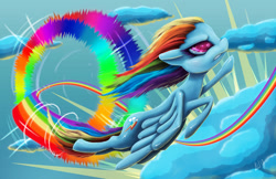 Size: 1000x647 | Tagged: safe, artist:riznof, imported from derpibooru, rainbow dash, pegasus, pony, badass, cloud, epic, female, flying, mare, sky, solo, sonic rainboom, spread wings, wings