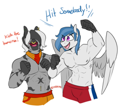 Size: 903x792 | Tagged: safe, artist:redxbacon, imported from derpibooru, oc, oc only, oc:delta dart, oc:zanja, anthro, hippogriff, zebra, armpits, clothes, dialogue, excited, hair over eyes, muscles, nose piercing, nose ring, partial nudity, piercing, simple background, talons, topless
