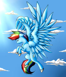 Size: 2262x2652 | Tagged: safe, artist:littlewhispurr, imported from derpibooru, rainbow dash, pegasus, pony, female, flying, hooves, mare, sad, sky, solo, spread wings, sun, sunlight, wings