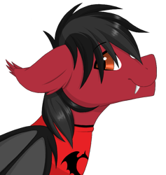 Size: 741x783 | Tagged: source needed, safe, artist:melodytheartpony, imported from derpibooru, bat pony, pony, bat wings, bust, clandestine industries, clothes, commission, cute, ear fluff, fall out boy, fangs, floppy ears, folded wings, hoodie, looking at you, male, pete wentz, ponified, profile, simple background, slit pupils, smiling, solo, stallion, striped mane, transparent background, wings, ych result