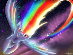 Size: 1024x768 | Tagged: safe, artist:tory-the-fuzzball, imported from derpibooru, pegasus, pony, badass, female, flying, mare, rainbow trail, smiling, solo, space, spread wings, wings