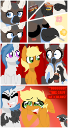 Size: 1060x1980 | Tagged: safe, artist:nootaz, imported from derpibooru, oc, oc only, oc:delta dart, oc:nivatus, oc:rapid rescue, griffon, hippogriff, pegasus, beans, comic, crying, dialogue, duke (dog), eared griffon, food, laughing, meme, movie theatre, talons