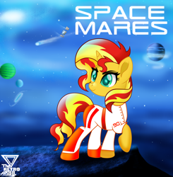 Size: 2500x2551 | Tagged: safe, artist:theretroart88, imported from derpibooru, part of a set, sunset shimmer, pony, unicorn, clothes, fake, female, g5, high res, mare, planet, raised hoof, solo, space, space mares