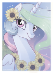 Size: 772x1063 | Tagged: safe, artist:lugiaangel, edit, editor:assturtle, imported from derpibooru, princess celestia, alicorn, pony, bust, female, flower, flower in hair, portrait, smiling, solo, sunflower