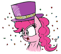 Size: 1412x1244 | Tagged: safe, artist:lucas_gaxiola, imported from derpibooru, pinkie pie, earth pony, pony, bust, confetti, female, hat, mare, open mouth, signature, simple background, solo, top hat, white background