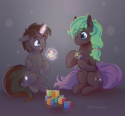 Size: 4000x3700 | Tagged: safe, artist:katakiuchi4u, imported from derpibooru, oc, oc only, earth pony, pony, unicorn, commission, gray background, high res, hoof hold, levitation, magic, rubik's cube, simple background, telekinesis