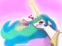 Size: 2000x1500 | Tagged: safe, artist:srebrnastal, imported from derpibooru, princess celestia, alicorn, pony, bedroom eyes, blushing, cake, cakelestia, cargo ship, eyes on the prize, female, floating heart, floppy ears, food, glowing horn, heart, heart eyes, holiday, horn, levitation, love, magic, mare, meme, otp, peytral, pink background, plate, profile, shipping, simple background, smiling, telekinesis, valentine's day, wingding eyes