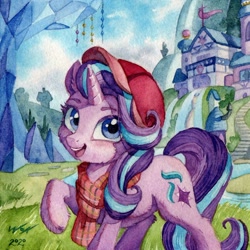 Size: 900x899 | Tagged: safe, artist:the-wizard-of-art, imported from derpibooru, starlight glimmer, pony, unicorn, cap, cheek fluff, clothes, cute, cutie mark, female, glimmerbetes, hat, lineless, looking at you, mare, open mouth, raised hoof, scarf, scenery, school of friendship, solo, traditional art, twilight's castle, watercolor painting
