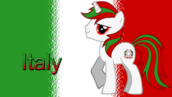 Size: 512x288 | Tagged: safe, imported from derpibooru, oc, oc only, pony, determined, flag, flag background, italy, looking at you, male, nation ponies, ponified, raised hoof, red eyes, solo