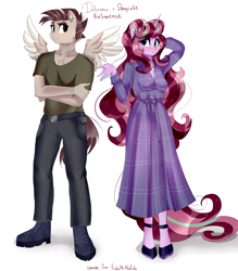 Size: 3426x3904 | Tagged: safe, artist:xjenn9, imported from derpibooru, oc, oc only, oc:dalorance, oc:shapirlic, anthro, pegasus, plantigrade anthro, unicorn, blushing, clothes, commissioner:endbringer99, dalorlic, looking at each other, simple background, white background