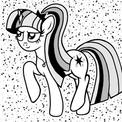 Size: 1000x1000 | Tagged: safe, artist:katya, imported from derpibooru, sci-twi, twilight sparkle, pony, unicorn, equestria girls, black and white, comic style, element of magic, equestria girls ponified, female, grayscale, monochrome, ponified, solo, unicorn sci-twi