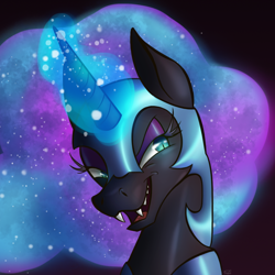 Size: 1000x1000 | Tagged: safe, artist:sailesnake, imported from derpibooru, nightmare moon, alicorn, pony, bust, ethereal mane, fangs, female, magic, portrait, smiling, smirk, solo