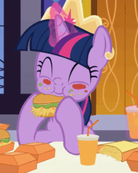 Size: 359x450 | Tagged: safe, artist:agrol, imported from derpibooru, twilight sparkle, alicorn, pony, adorkable, animated, burger, cropped, crown, cute, dork, drink, drinking, eating, eyes closed, female, food, french fries, gif, glowing horn, happy, hay burger, hay fries, horn, how to be a princess, jewelry, levitation, magic, mare, messy eating, regalia, solo, table, telekinesis, that pony sure does love burgers, twiabetes, twilight burgkle, twilight sparkle (alicorn)