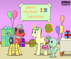 Size: 1902x1581 | Tagged: safe, artist:gradiusfanatic, imported from derpibooru, oc, oc only, oc:alex, oc:daniel, oc:trackhead, dragon, unicorn, birthday, trio