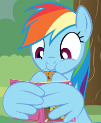 Size: 875x1061 | Tagged: safe, artist:agrol, imported from derpibooru, rainbow dash, pegasus, pony, book, cookie, cropped, cute, dashabetes, eating, female, food, just relax and read, mare, reading, show accurate, smiling, solo, wing hands, wings