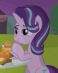 Size: 307x387 | Tagged: safe, artist:agrol, imported from derpibooru, starlight glimmer, pony, unicorn, animated, burger, cropped, cute, eating, female, food, gif, glimmerbetes, hay burger, herbivore, i can't believe it's not hasbro studios, mare, show accurate, sitting, solo, time for two
