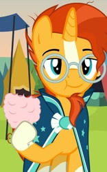 Size: 450x720 | Tagged: safe, artist:agrol, imported from derpibooru, sunburst, pony, unicorn, cape, clothes, cotton candy, cropped, cute, eating, facial hair, glasses, hoof hold, i can't believe it's not hasbro studios, male, show accurate, stallion, sunbetes, time for two