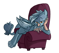 Size: 1794x1606 | Tagged: safe, artist:modularpon, imported from derpibooru, oc, oc only, oc:artemis, oc:parula cerulean, griffon, bedroom eyes, chair, claws, commission, griffon oc, looking at you, paws, simple background, solo, transparent background