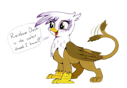 Size: 1376x960 | Tagged: safe, artist:firenhooves, imported from derpibooru, gilda, griffon, blushing, colored, cute, dweeb, female, gilda is amused, gildadorable, happy, heart eyes, motion lines, open mouth, simple background, smiling, solo, standing, tail wag, text, white background, wingding eyes