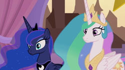 Size: 1920x1080 | Tagged: safe, imported from derpibooru, screencap, princess celestia, princess luna, alicorn, pony, the summer sun setback, chestplate, confused, crown, duo, ethereal mane, eyeshadow, female, flowing mane, folded wings, frown, jewelry, makeup, mare, multicolored mane, peytral, regalia, royal sisters, siblings, sisters, starry mane