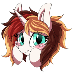 Size: 1200x1200 | Tagged: safe, artist:ask-colorsound, imported from derpibooru, oc, oc only, oc:scarlet serenade, pony, unicorn, blushing, emoticon, female, flattered, head only, hooves on cheeks, mare, simple background, solo, transparent background