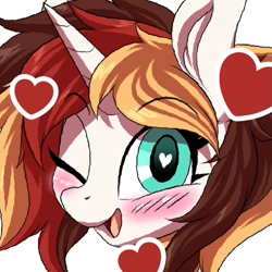 Size: 513x513 | Tagged: safe, alternate version, artist:ask-colorsound, imported from derpibooru, oc, oc only, oc:scarlet serenade, pony, unicorn, blushing, emoticon, female, floating heart, head only, heart, heart eyes, love, mare, one eye closed, simple background, solo, transparent background, wingding eyes, wink