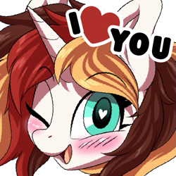 Size: 513x512 | Tagged: safe, alternate version, artist:ask-colorsound, imported from derpibooru, oc, oc only, oc:scarlet serenade, pony, unicorn, blushing, emoticon, female, head only, heart eyes, i love you, love, mare, one eye closed, simple background, solo, transparent background, wingding eyes, wink