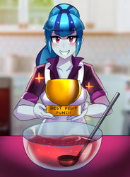 Size: 800x1089 | Tagged: safe, artist:tzc, imported from derpibooru, part of a set, sonata dusk, equestria girls, anime, apron, award, blushing, bowl, clothes, cute, female, fruit punch, kitchen, ladle, looking at you, ponytail, smiling, solo, sonatabetes, trophy