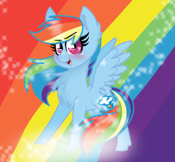 Size: 1032x954 | Tagged: safe, artist:sirena-flitter, imported from derpibooru, rainbow dash, pegasus, pony, blushing, chest fluff, cute, dashabetes, determined, ear fluff, female, looking at you, open mouth, rainbow, rainbow background, smiling, smiling at you, solo, sparkles, spread wings, wings