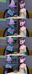 Size: 1920x4320 | Tagged: safe, artist:papadragon69, imported from derpibooru, starlight glimmer, sunburst, trixie, anthro, unicorn, 3d, comic, female, food, implied luster dawn, implied pregnancy, implied shipping, implied starburst, implied straight, luster dawn is starlight's and sunburst's daughter, male, old master q, prediction, shipping, source filmmaker, starburst, straight, tea