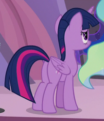 Size: 348x406 | Tagged: safe, imported from derpibooru, screencap, princess celestia, princess luna, twilight sparkle, alicorn, pony, the summer sun setback, butt, cropped, cute, ethereal mane, female, flowing mane, folded wings, grin, mare, multicolored mane, offscreen character, plot, smiling, solo focus, twiabetes, twilight sparkle (alicorn)