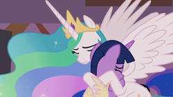 Size: 1920x1080 | Tagged: safe, imported from derpibooru, screencap, princess celestia, princess luna, twilight sparkle, alicorn, pony, the summer sun setback, crown, cute, duo focus, ethereal mane, eyes closed, female, flowing mane, grin, hoof shoes, hug, jewelry, mare, multicolored mane, offscreen character, proud, regalia, smiling, spread wings, twilight sparkle (alicorn)